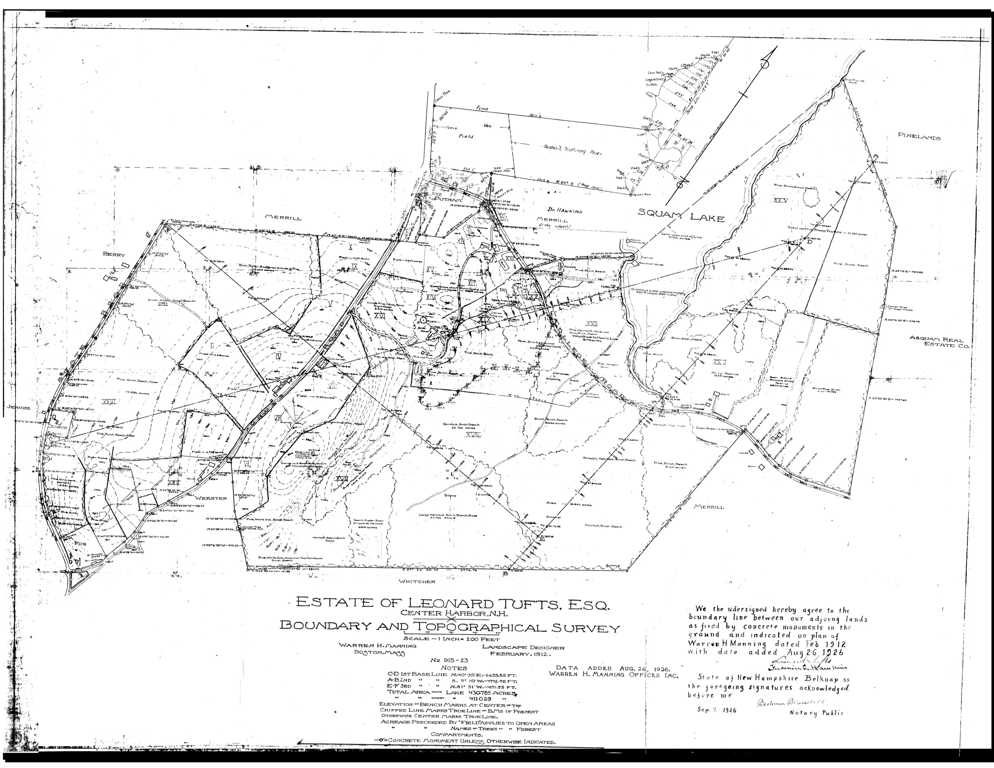A 1912 black-and-white survey map of the Estate of Leonard Tufts in Center Harbor, New Hampshire, showing boundaries and topography bordering Squam Lake